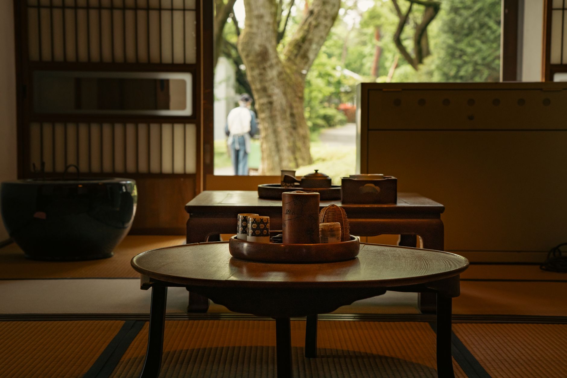 Kyoto traditional tea room overlooking serene garden courtyard